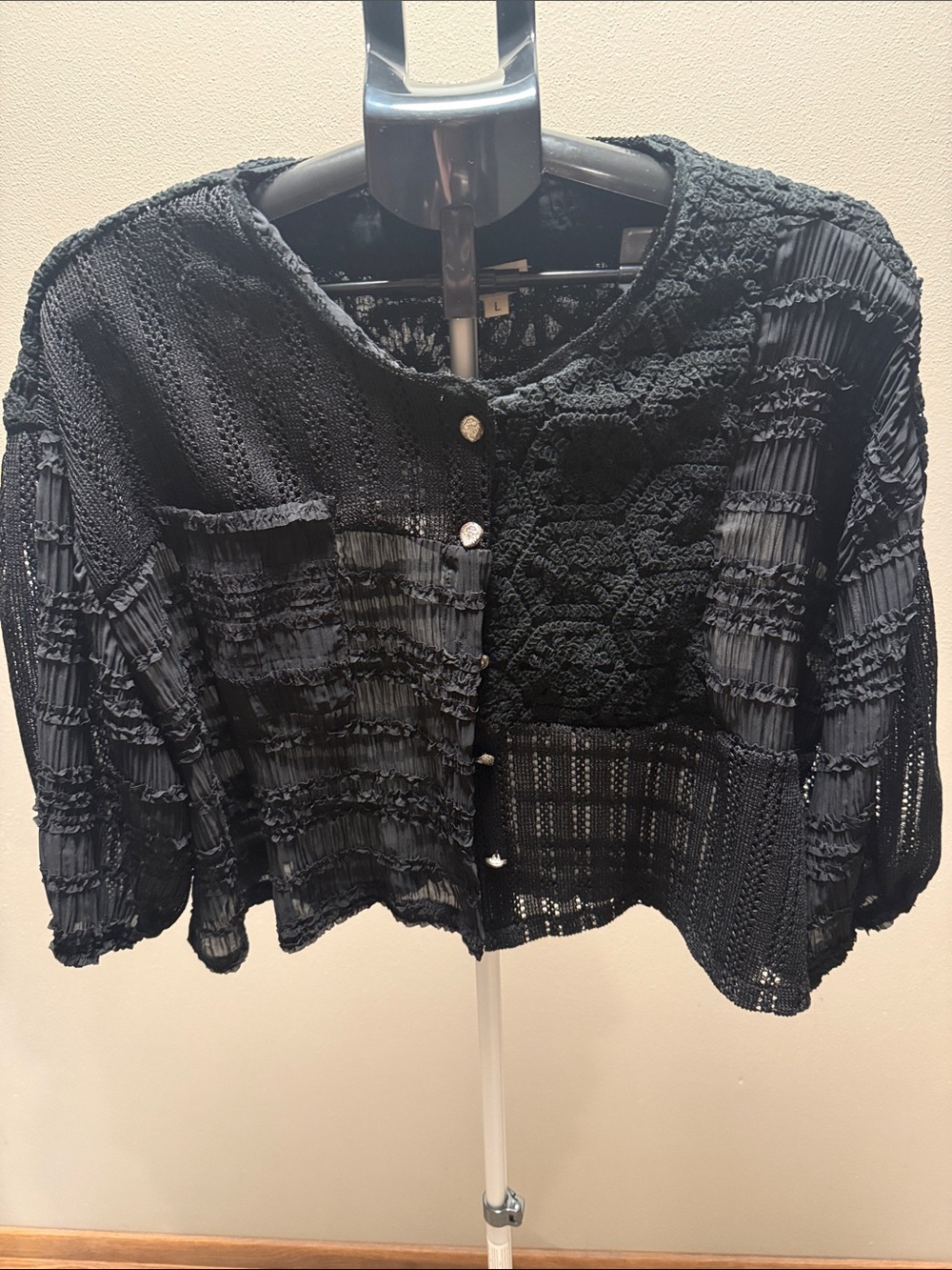 POL Black Mixed-Texture Button Down Women's Top